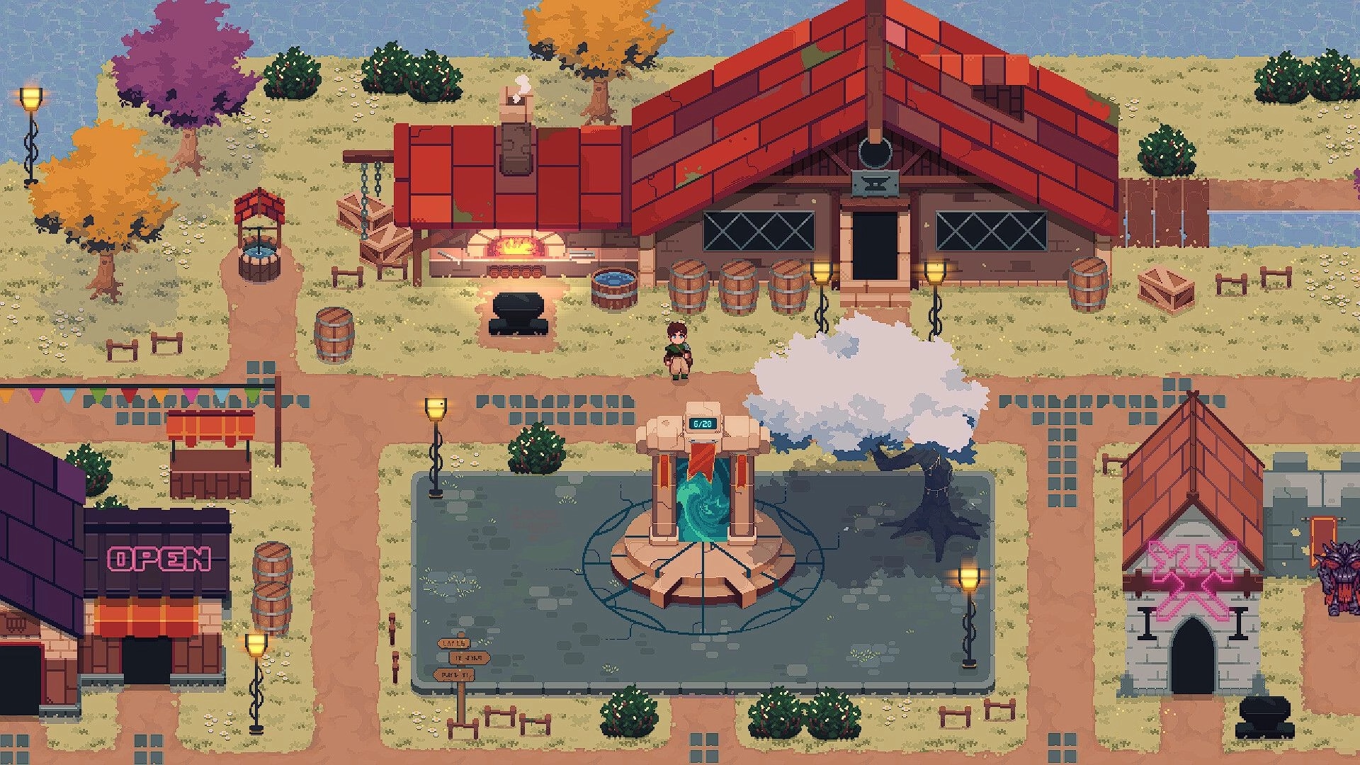 Teamcrafter: Overhead view of village with crafting house, fountain, and shops under colorful trees