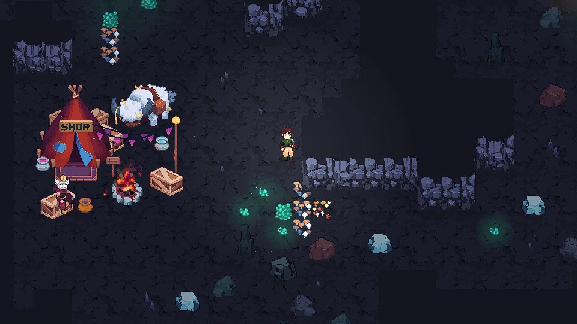 Teamcrafter: Player explores cave with shop tent, campfire, and a large creature nearby