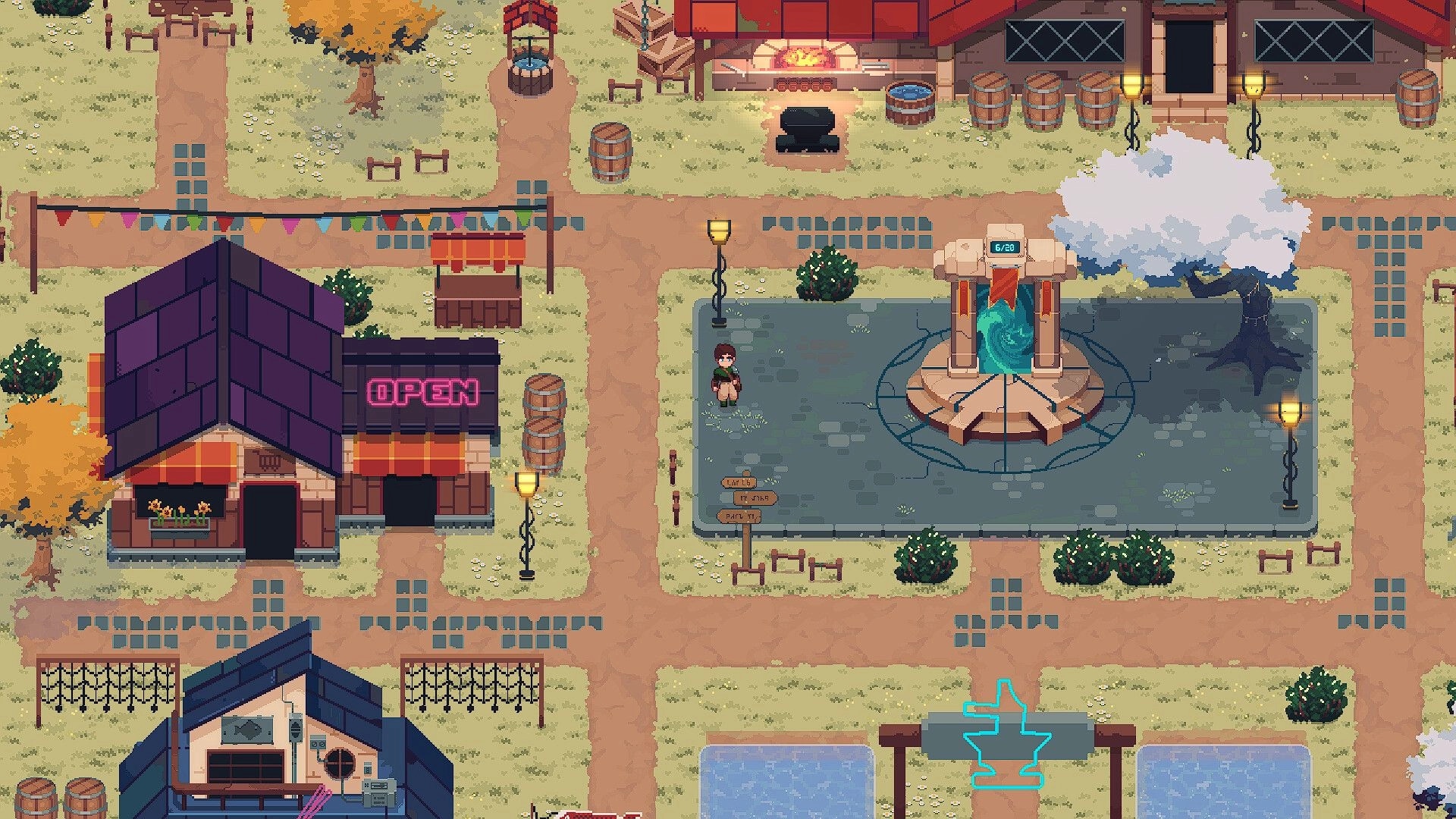 Teamcrafter: Village square with character near statue, crafting shop, and vibrant autumn trees