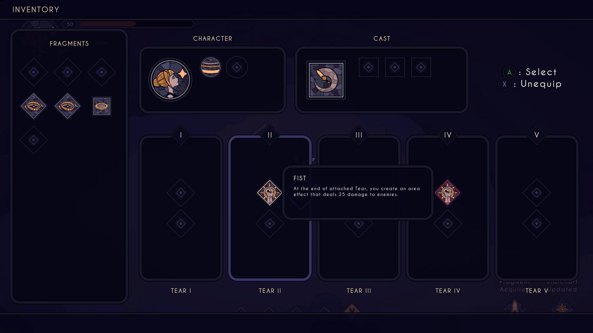 Tears Apart: Inventory screen with fragments, character and cast slots, and Fist tear tooltip popup.