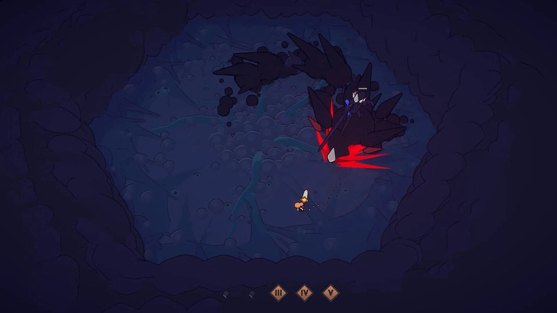 Tears Apart: Small hero faces spiked void beast in a dark cave arena, skill icons at bottom UI.