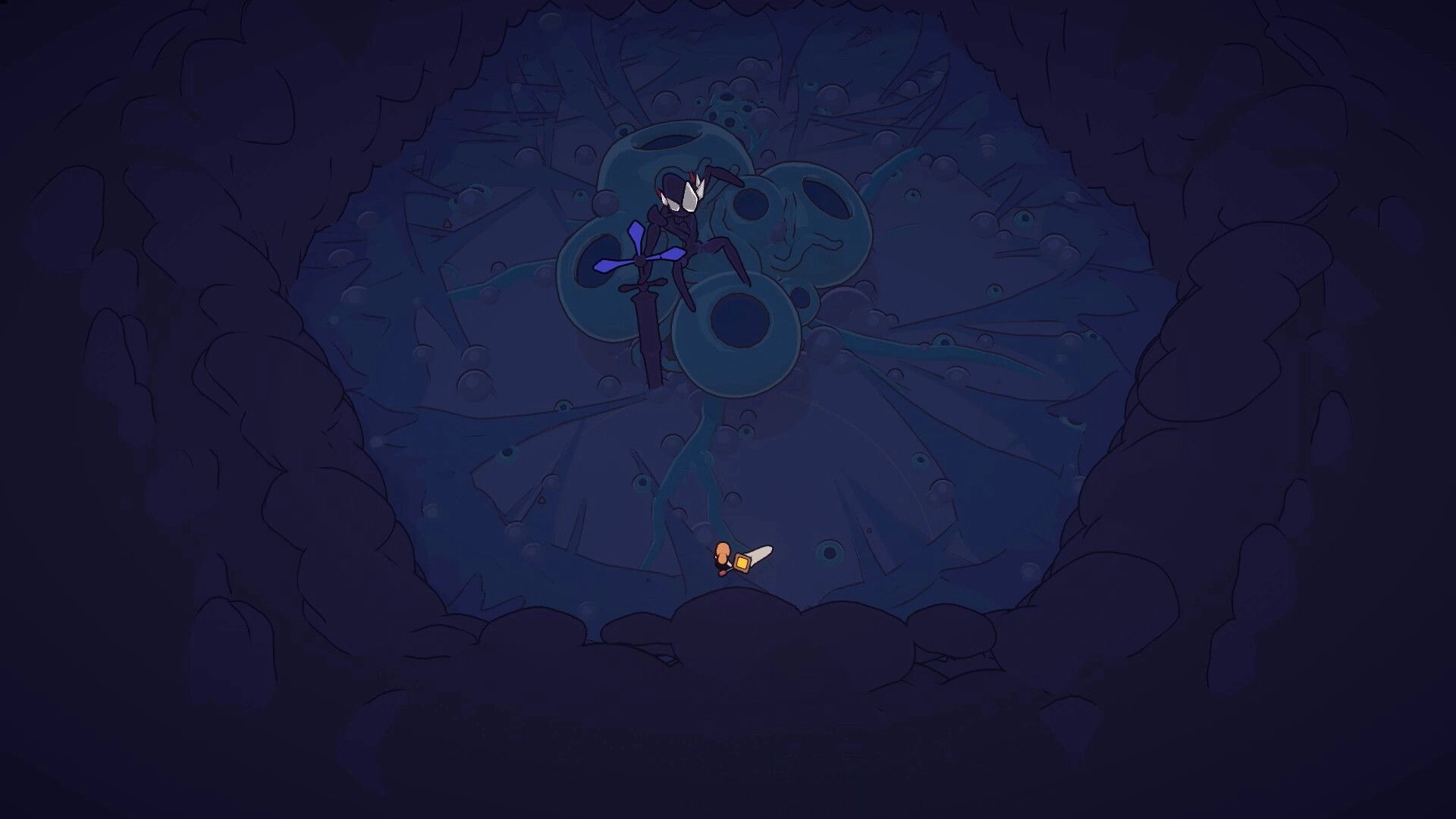 Tears Apart: Small hero faces a tall void creature in a dark crater arena with blue orbs and shards.