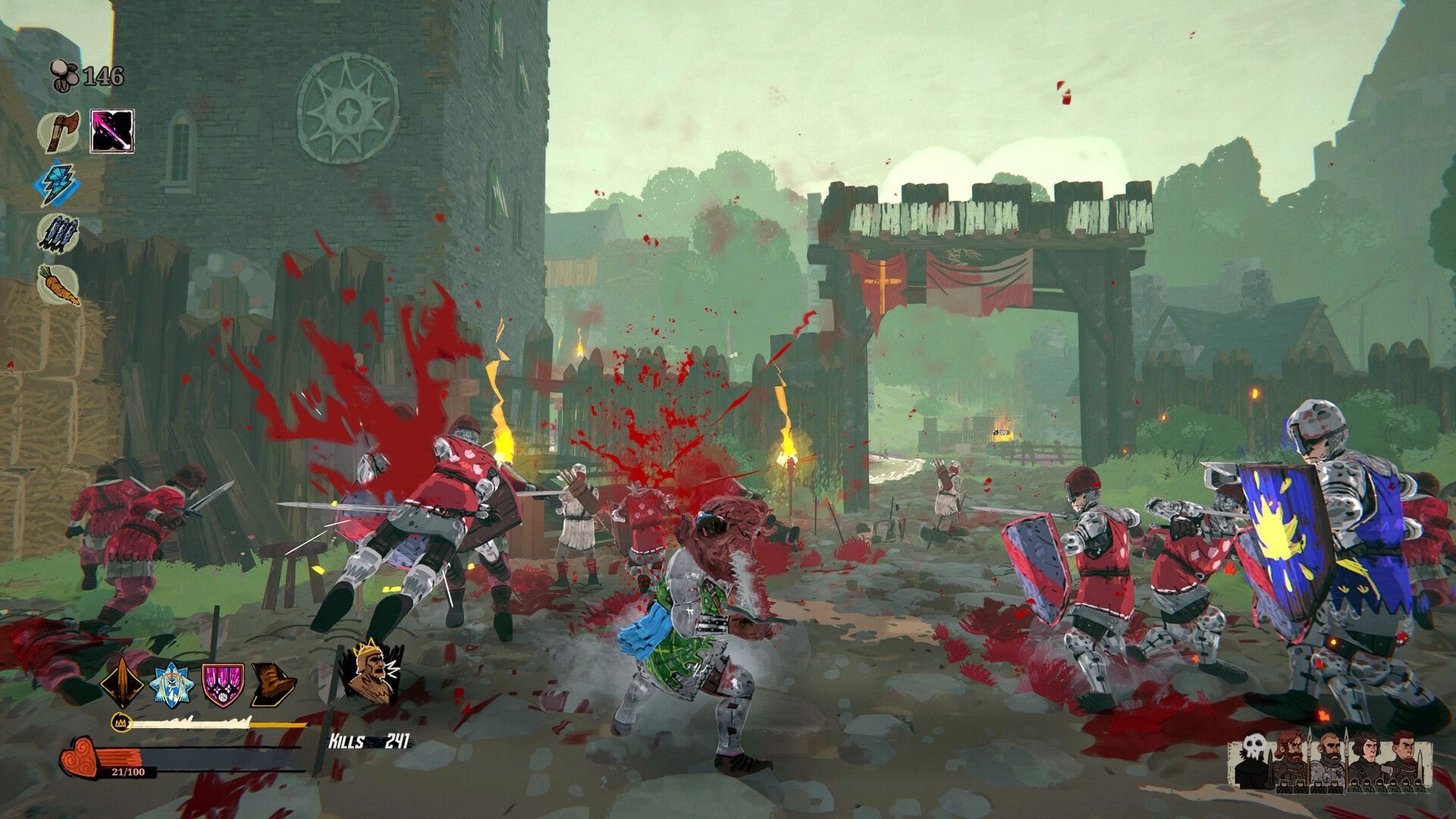 Tears of Metal: Intense combat with Scottish battalion in medieval village courtyard, UI elements visible.