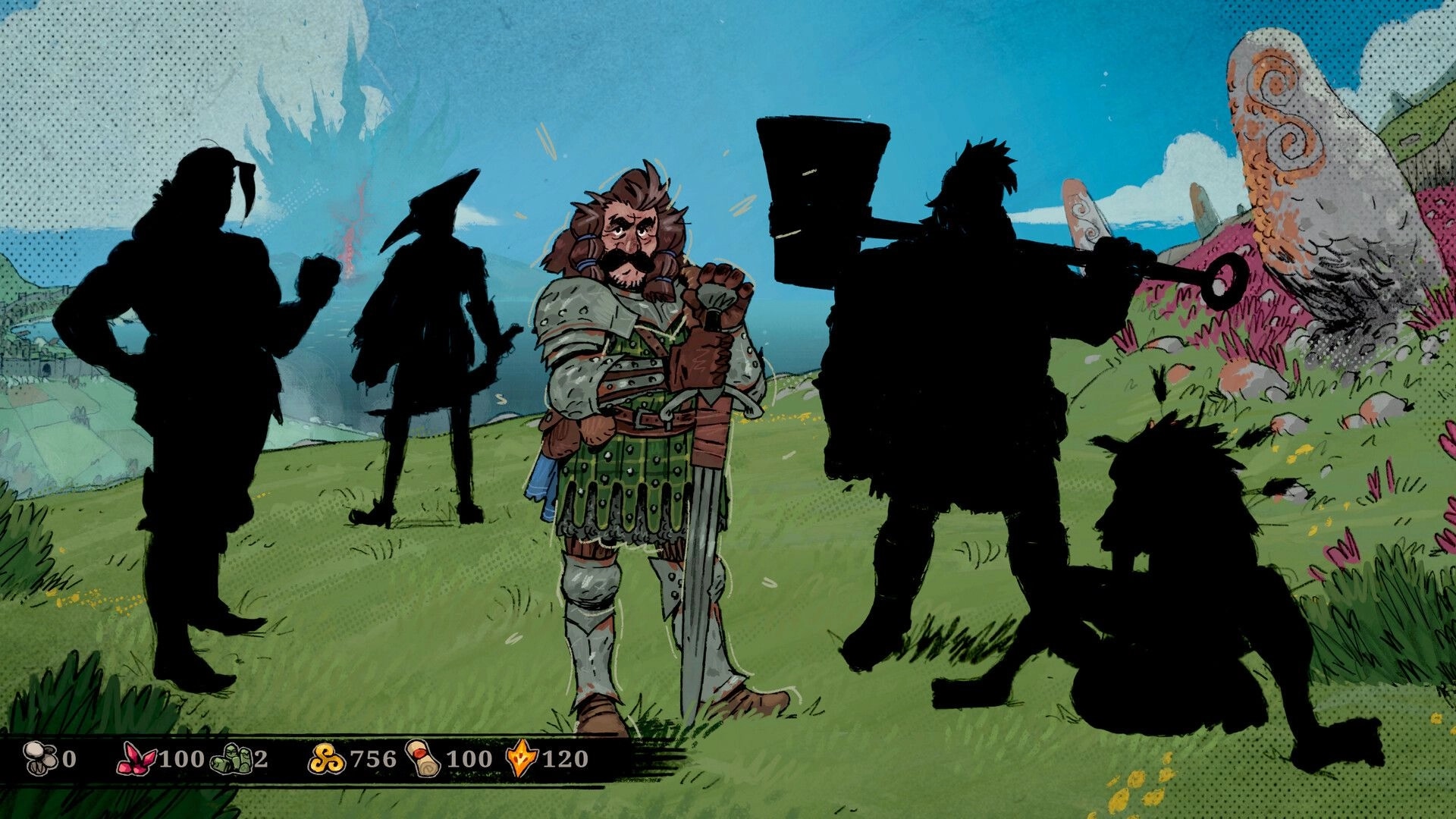 Tears of Metal: Central warrior with sword in hand, surrounded by silhouettes on a grassy hilltop.