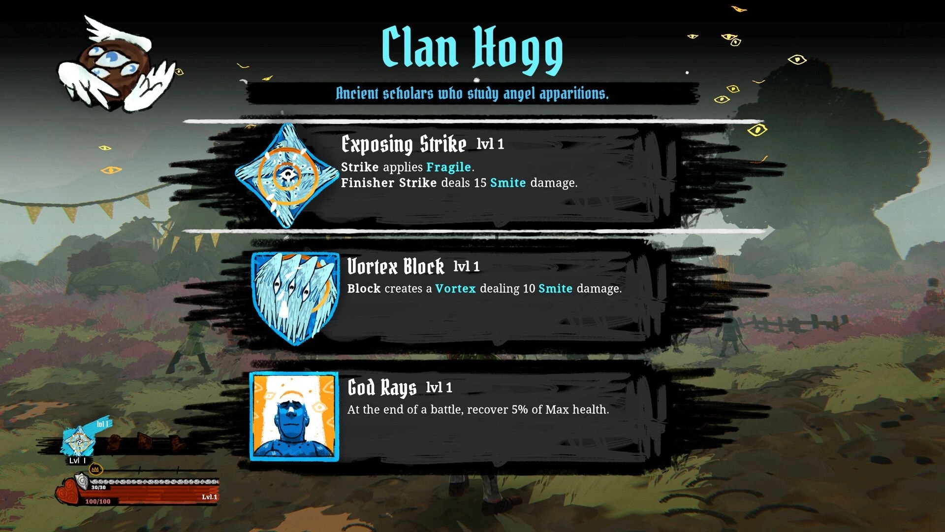 Tears of Metal: Clan Hogg skill menu with Exposing Strike, Vortex Block, God Rays; forest background