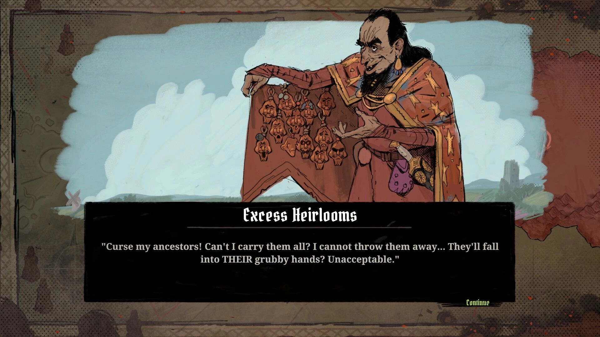 Tears of Metal: Merchant displays skull-adorned cloak in dialogue scene with "Excess Heirlooms" text.