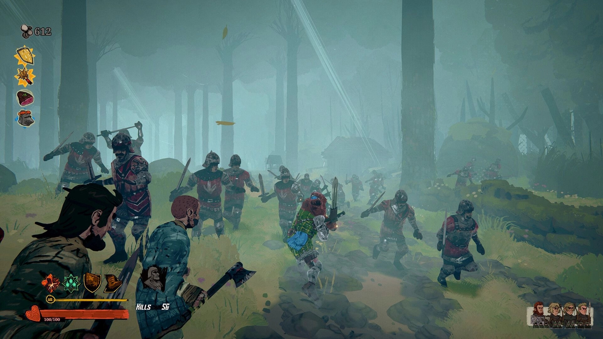 Tears of Metal: Intense combat with Scottish warriors battling enemy soldiers in a misty forest setting