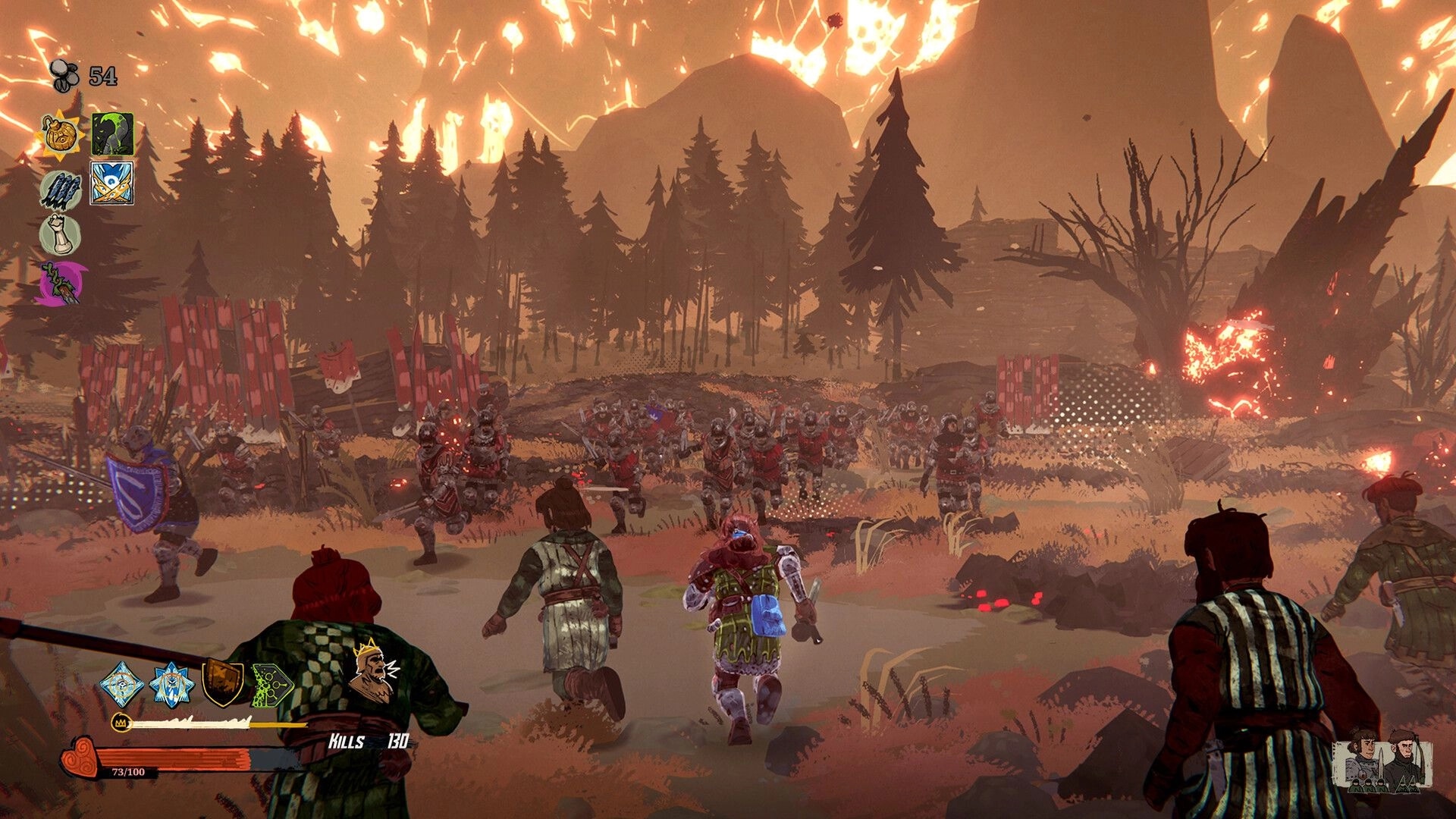 Tears of Metal: Players charge into battle against enemy troops in a fiery forest clearing.