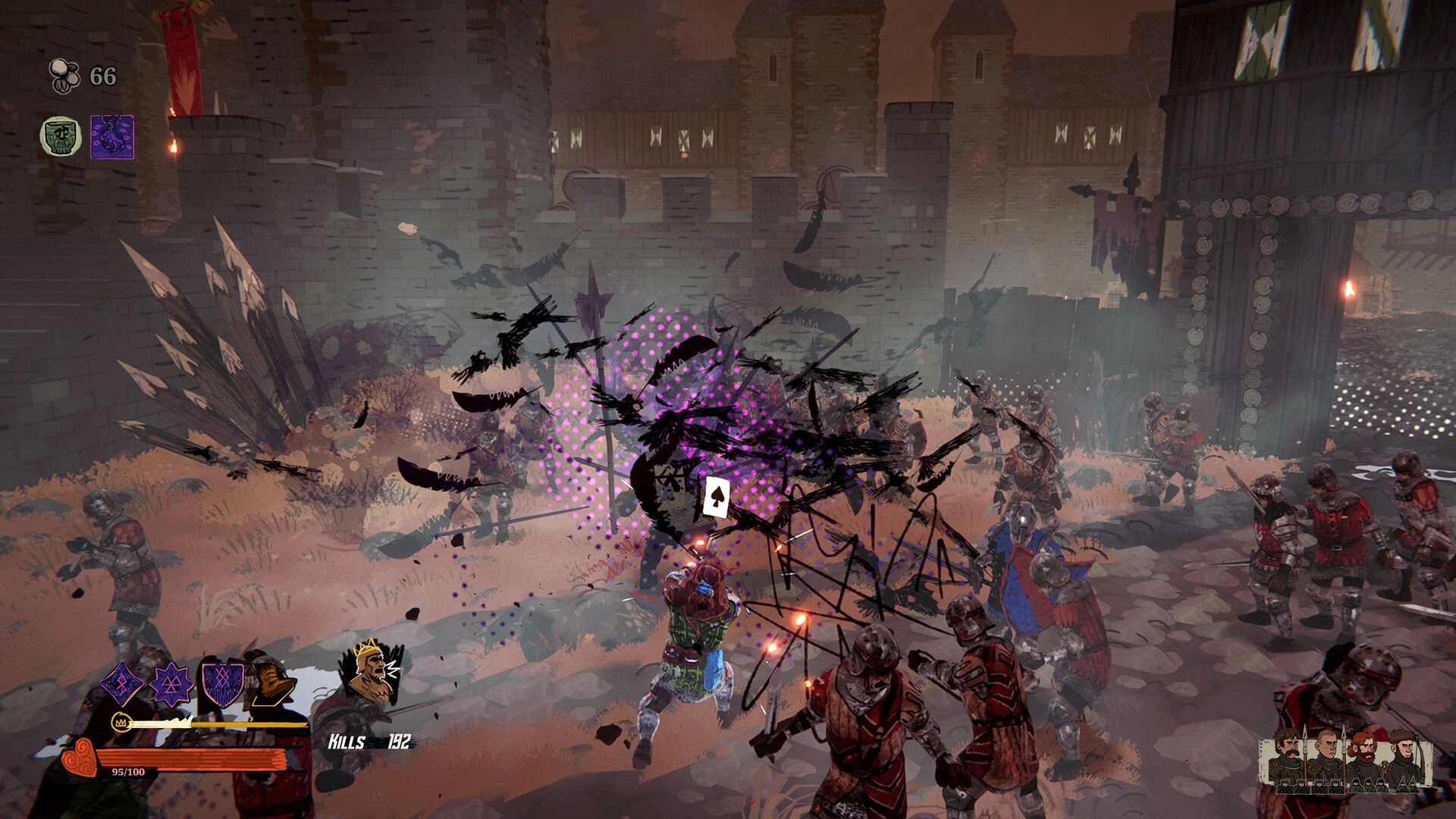 Tears of Metal: Player battling enemies with magic effects in a castle courtyard, HUD showing kills.