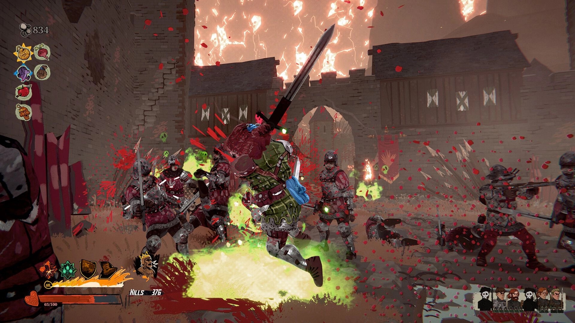 Tears of Metal: Player battling enemies in a medieval courtyard with UI showing health and kills