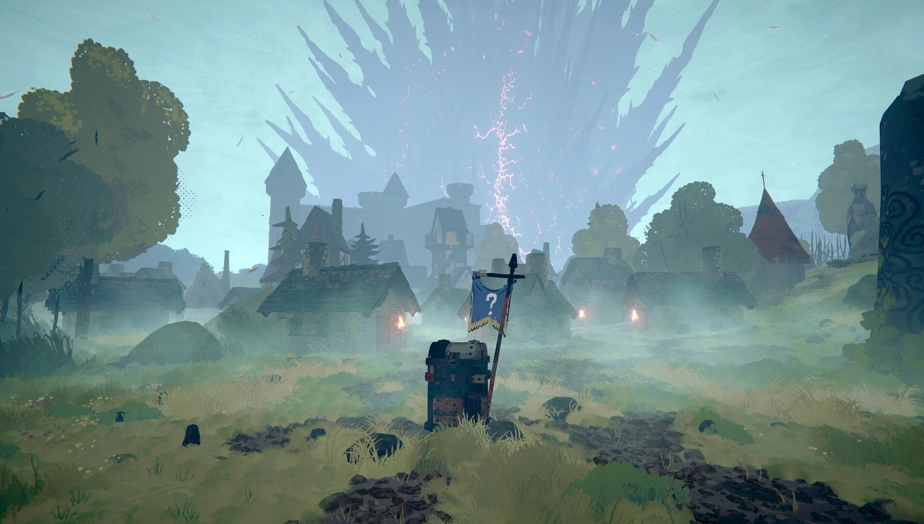 Tears of Metal: Abandoned village landscape with mysterious meteor impact and looming castle in distance