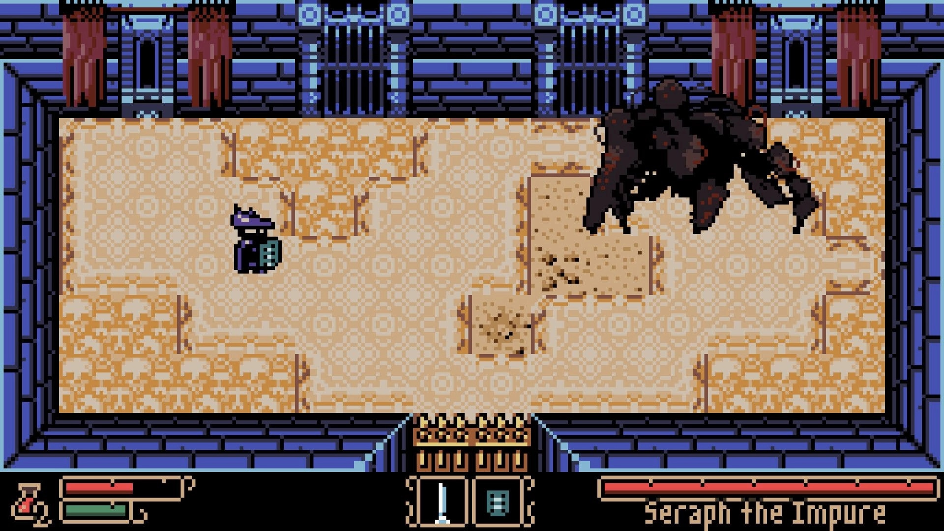 Tearscape: Hunter battles Seraph the Impure in a dungeon with health bar and combat UI elements visible