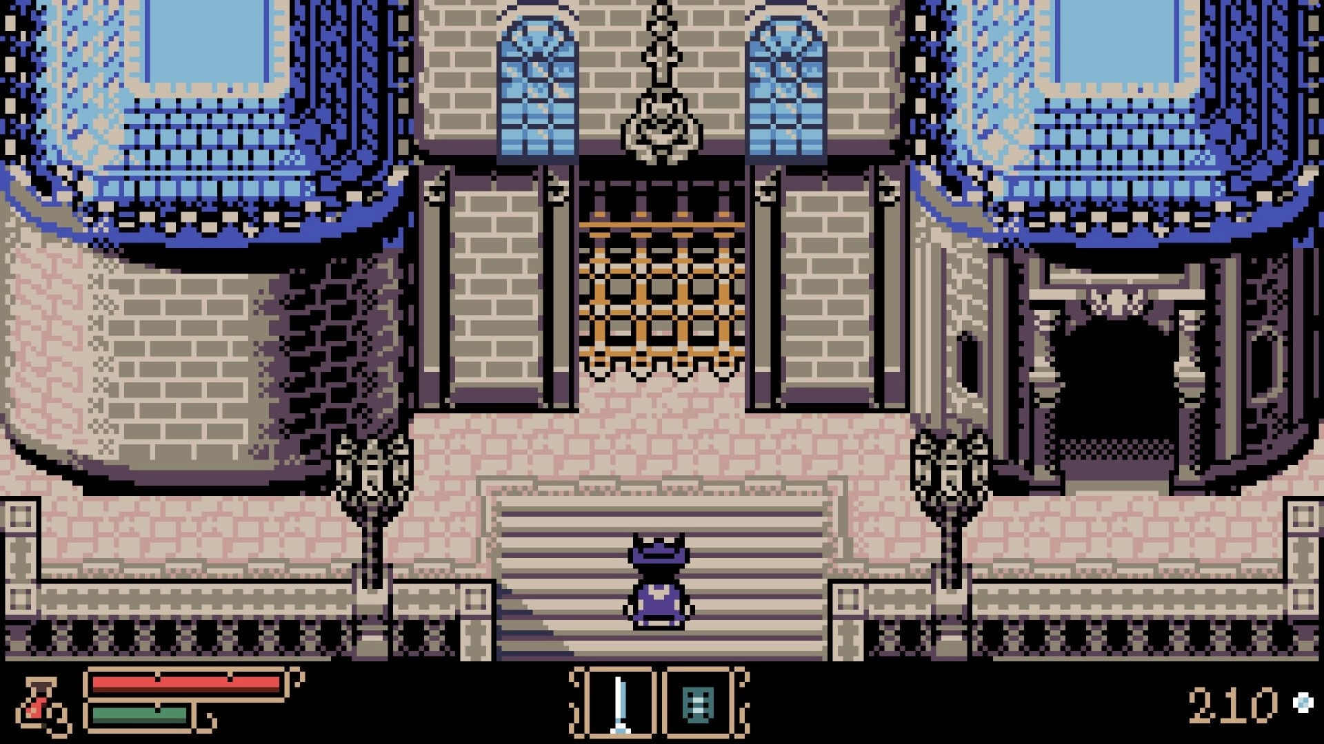 Tearscape: Hunter approaches grand dungeon entrance in pixelated castle environment with UI displayed