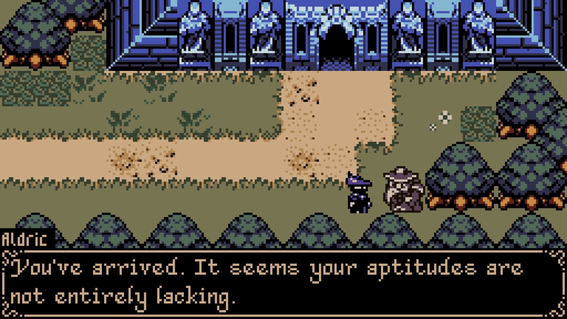 Tearscape: Aldric converses with a hunter near a dungeon entrance in a pixelated forest environment.