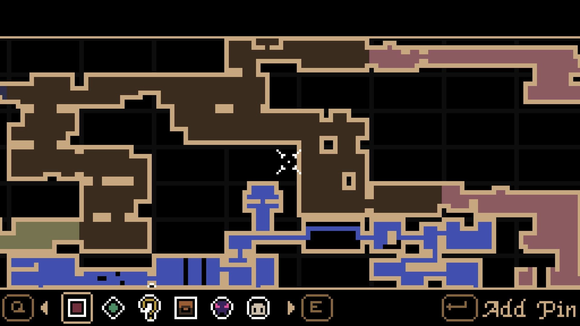 Tearscape: Dungeon map view with paths and rooms, featuring icons for navigation and exploration options.