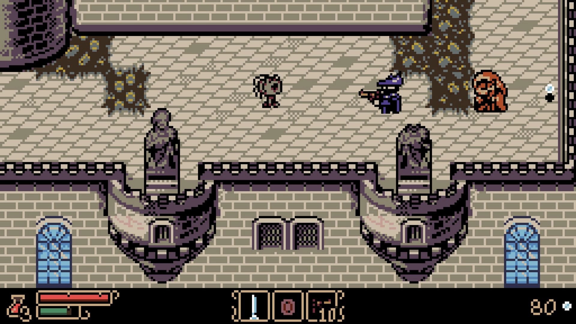 Tearscape: Hunter encounters enemies on a castle rooftop, with health and inventory displayed below