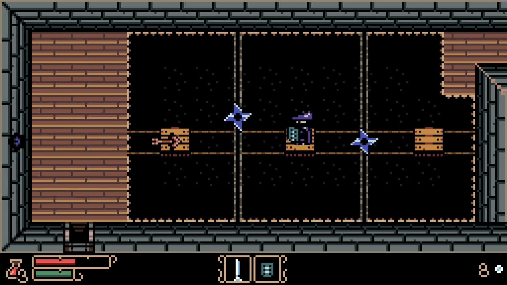 Tearscape: Player on a wooden platform dodges spinning shurikens in a dark, enclosed dungeon room