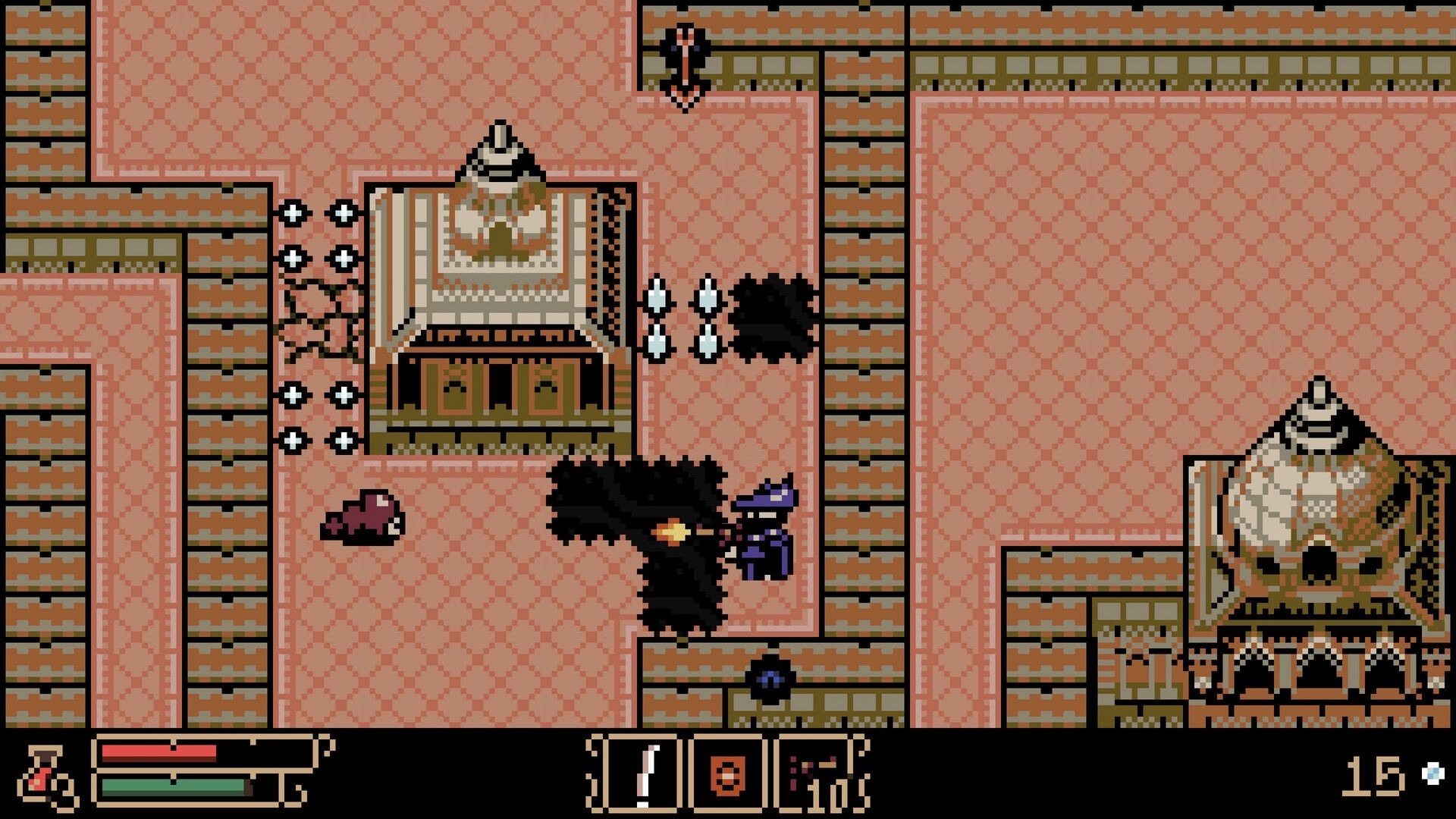 Tearscape: Hunter battles shadowy creature in pixel art dungeon with health bar and inventory visible