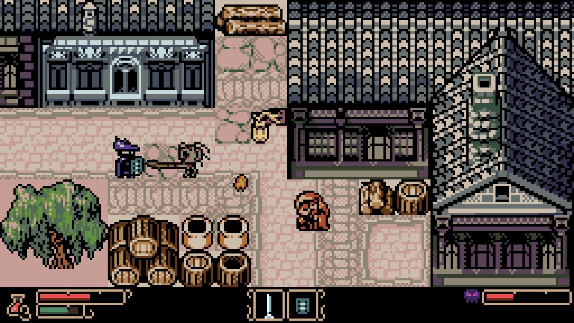 Tearscape: Hunter in town street combat with grotesque monster, surrounded by barrels and buildings