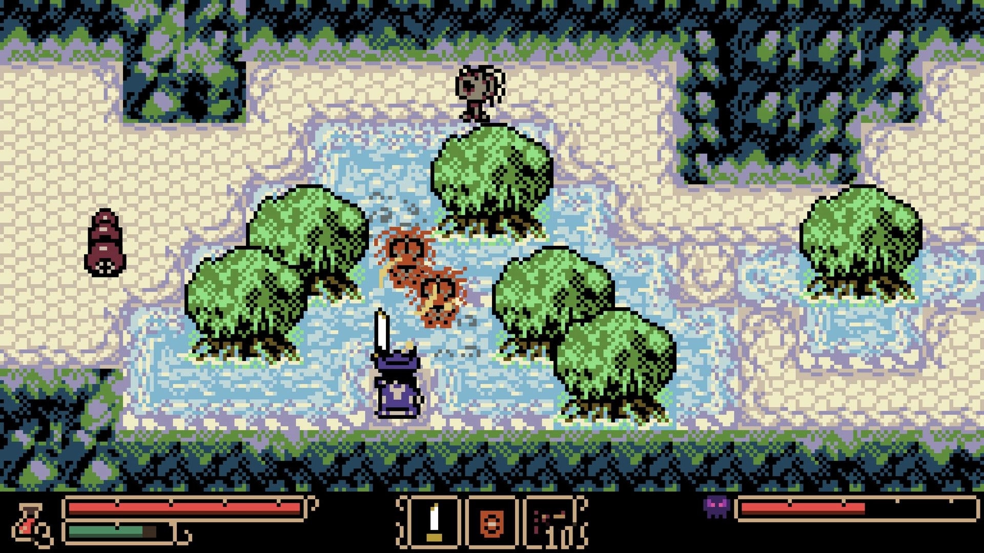 Tearscape: Hunter battles monsters in a pixel art forest with health bar and inventory displayed
