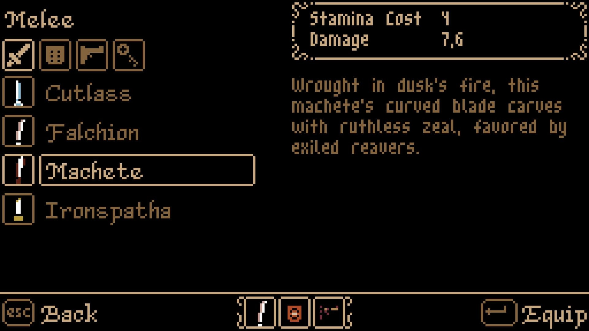 Tearscape: Weapon selection menu highlighting a machete with stats and description in pixel art style.