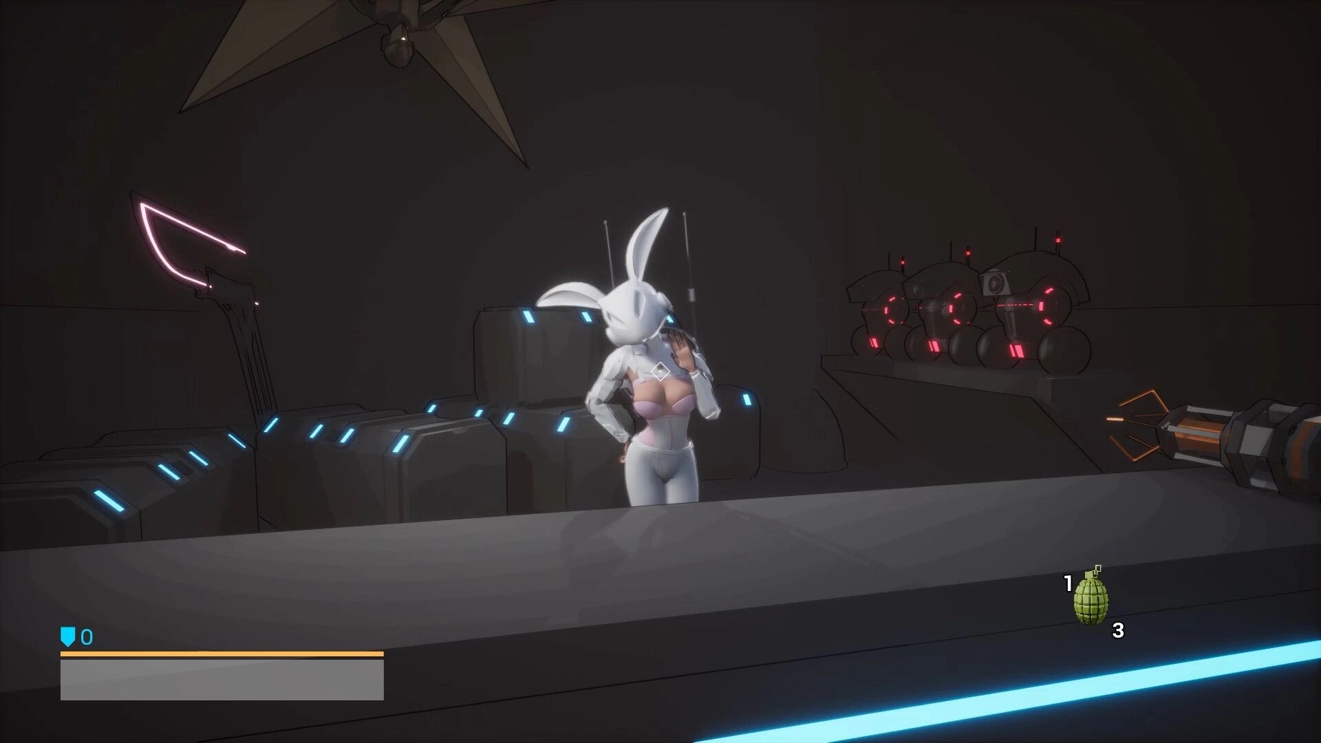 Techno: Character with rabbit mask in dark futuristic room with robotic enemies and HUD elements visible
