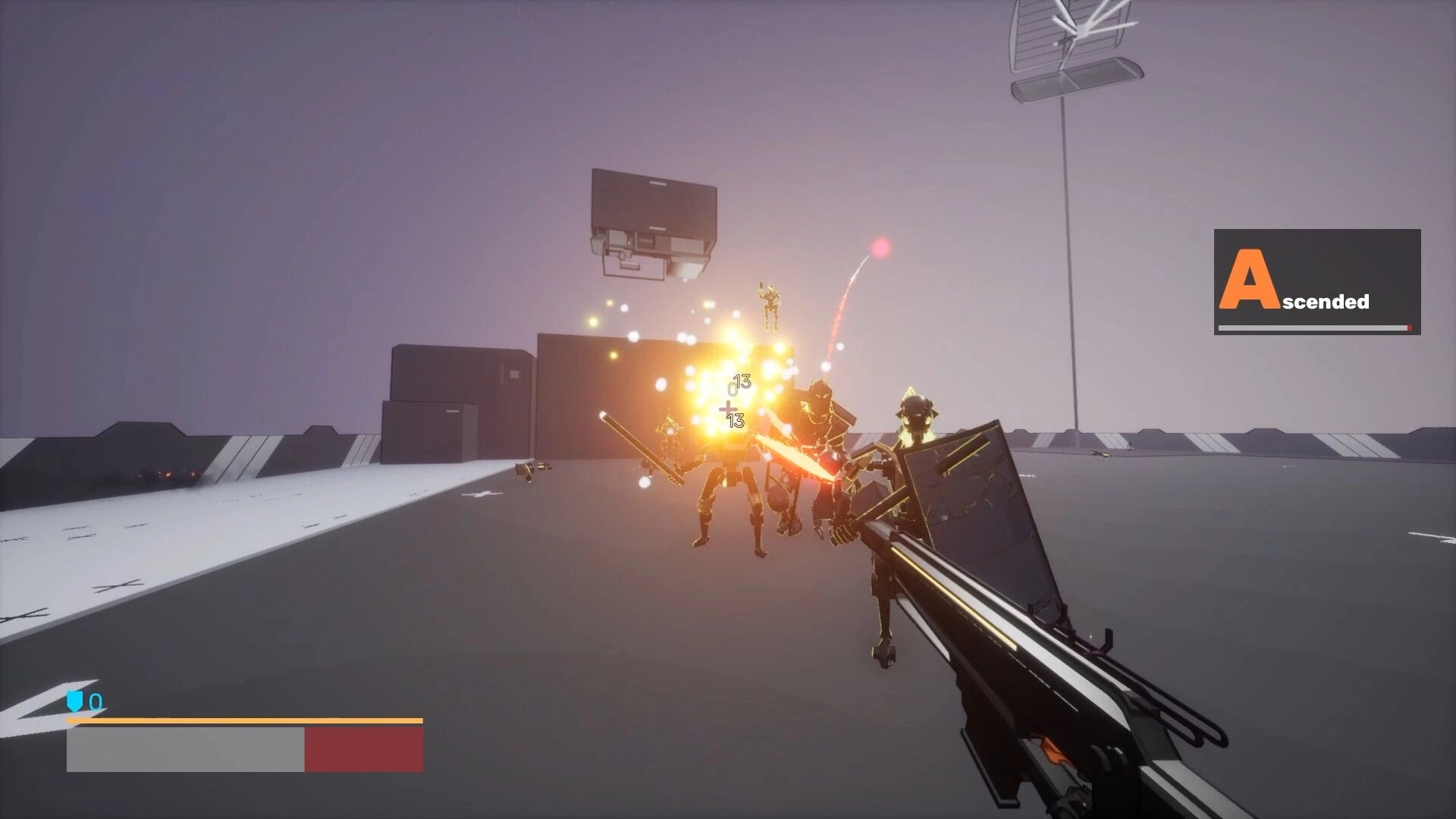 Techno: Player engages in combat with enemy robots on a futuristic rooftop, health bar visible
