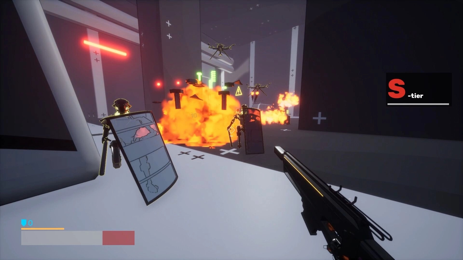 Techno: First-person combat with shielded enemies and explosions in a futuristic industrial complex