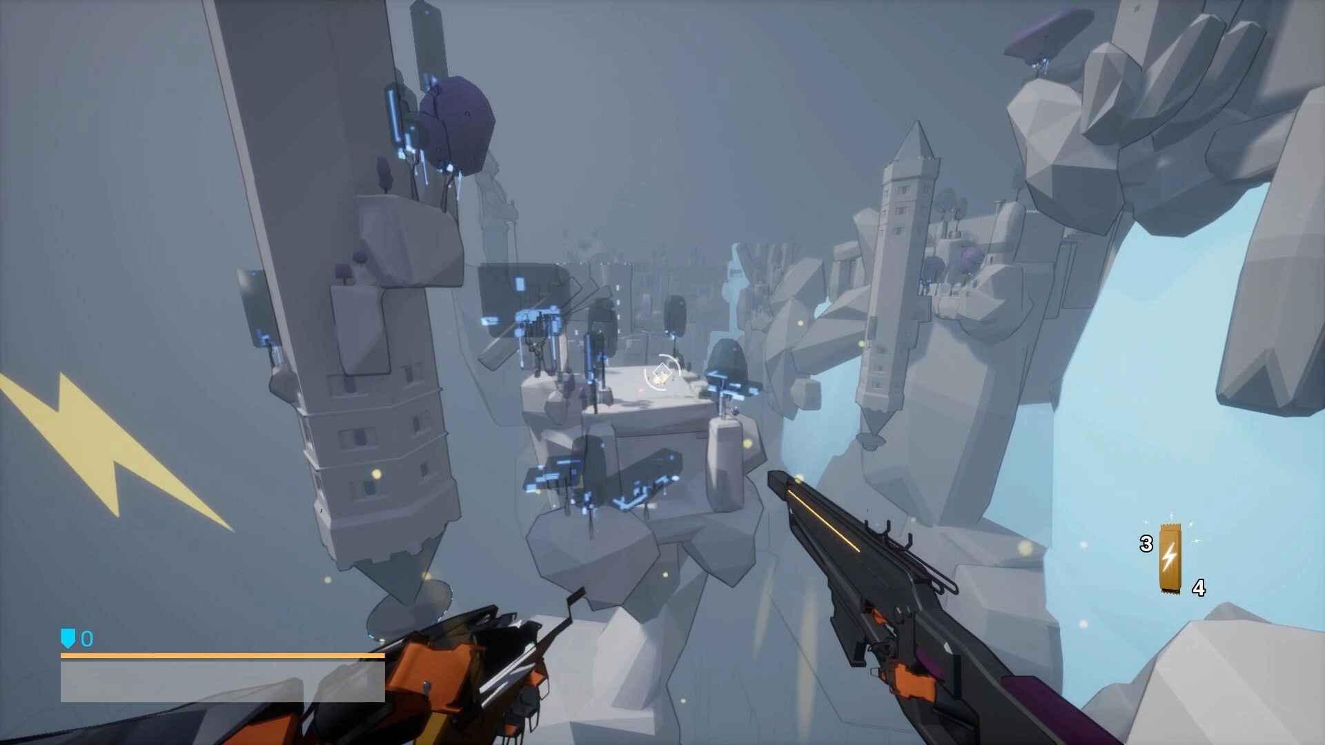 Techno: Dual-wielding guns in futuristic floating ruins with health and ammo displayed in HUD