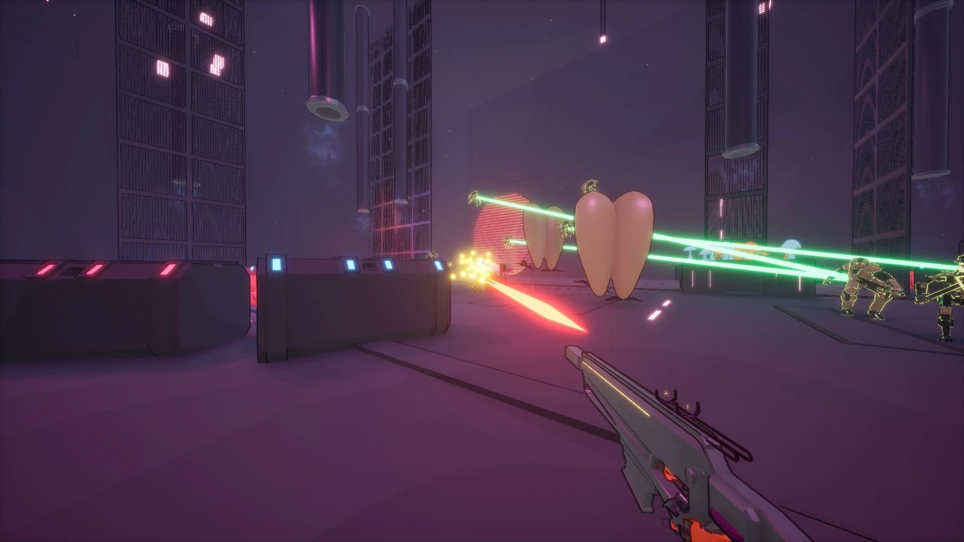 Techno: Player fires laser rifle at robotic enemies in a dimly lit futuristic facility with neon lights.