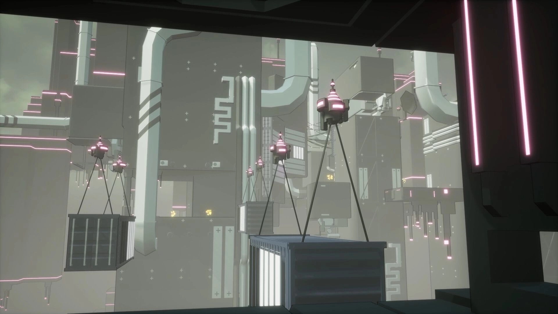 Techno: Suspended platforms and drones in a futuristic industrial complex with neon accents