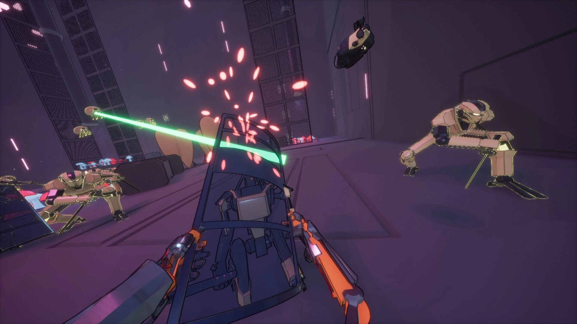 Techno: First-person combat with robots and laser beams in a futuristic corridor environment