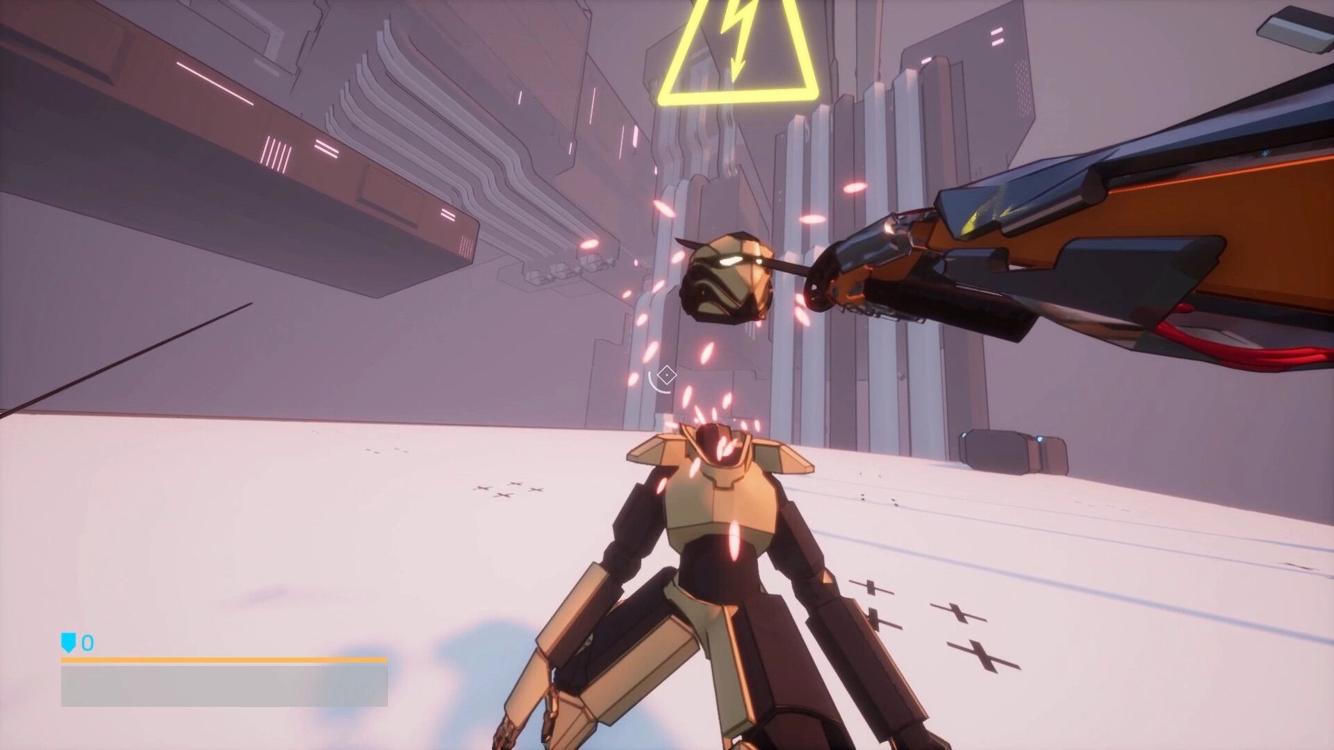 Techno: Player decapitating a robot with a sword in a futuristic arena under a warning sign
