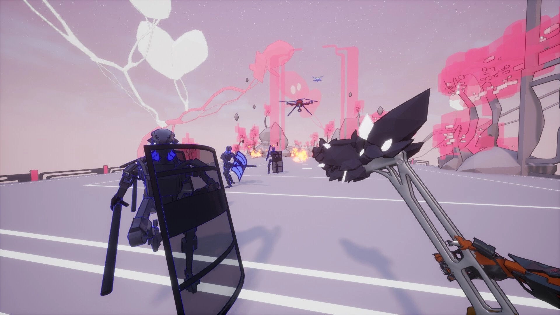 Techno: First-person battle scene with armed characters and drones in a futuristic pink landscape