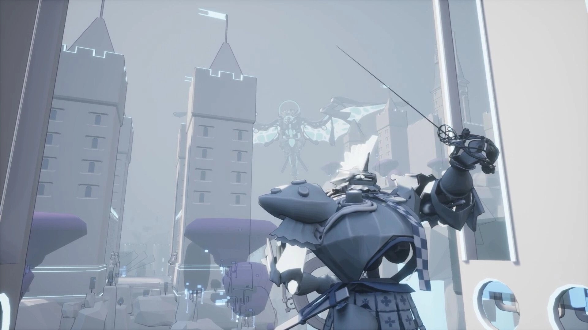 Techno: Armored character aims weapon at giant AI entity in futuristic cityscape with tall towers.