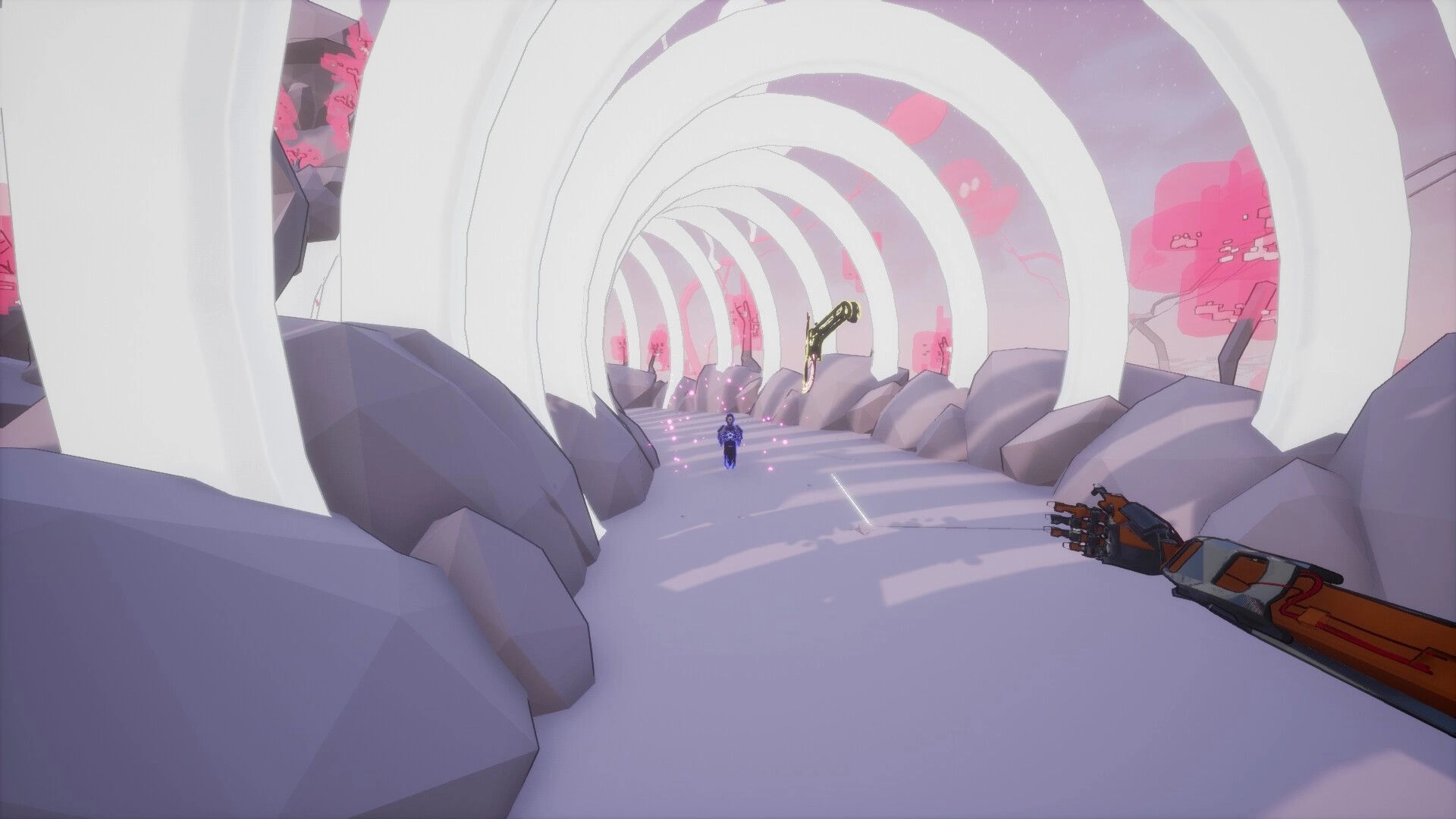 Techno: Player aims weapon in futuristic tunnel with glowing arches and pink trees in the distance