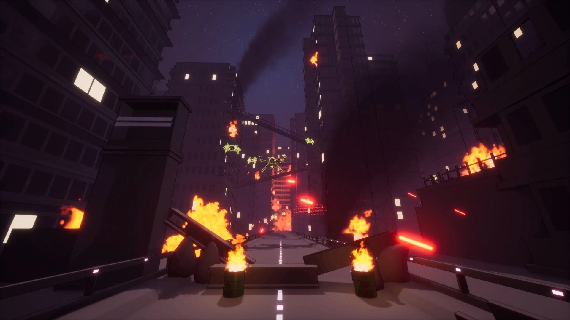 Techno: Urban battlefield with burning buildings, flying drones, and fiery debris in dystopian cityscape