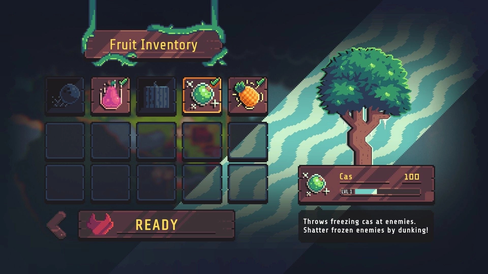 Teeko: Fruit Inventory menu with items and Cas selected, level bar and READY button over forest backdrop.