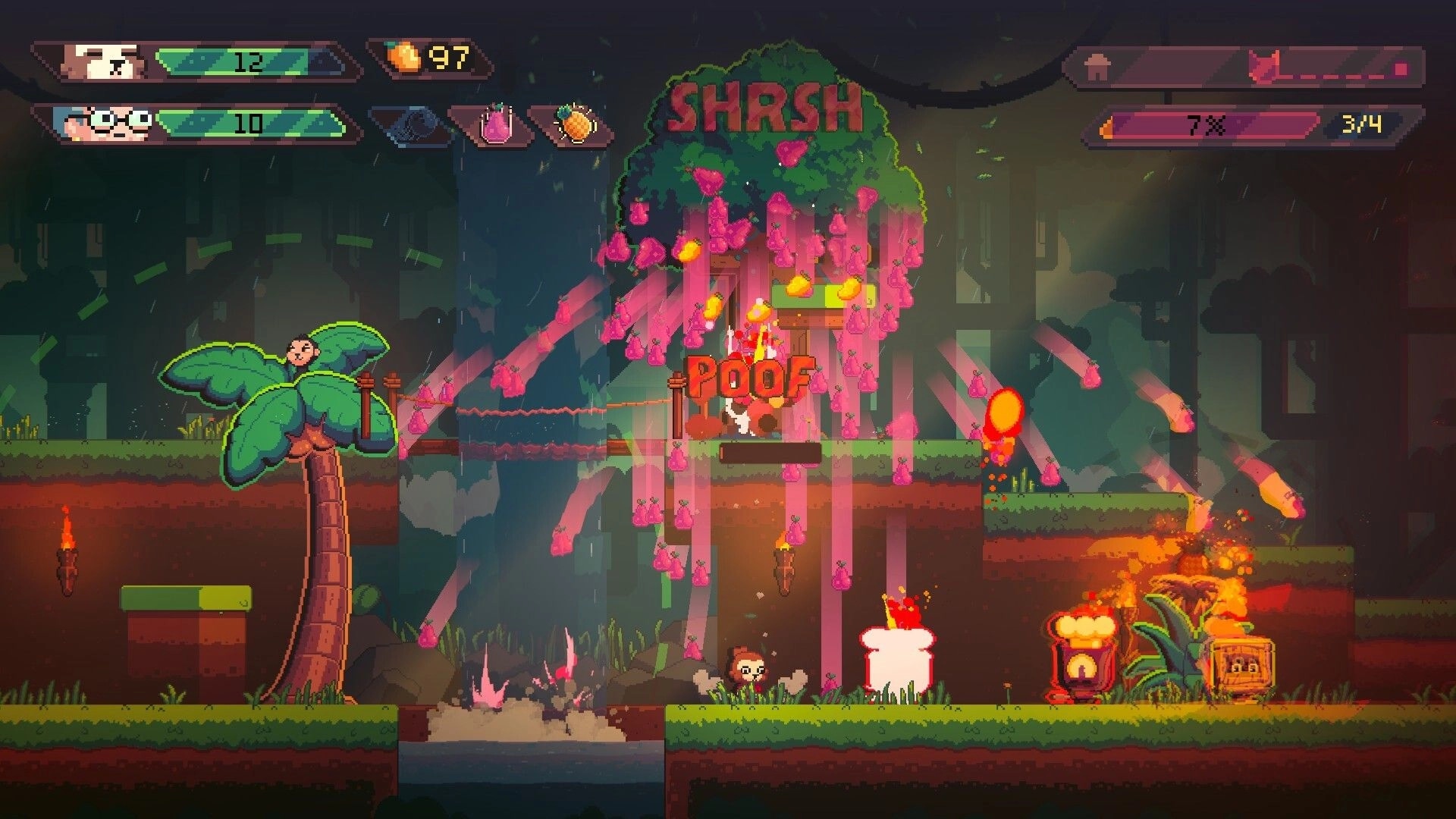 Teeko: Sloth hero runs past poof effect under pink fruit tree in rainy jungle platformer level UI.