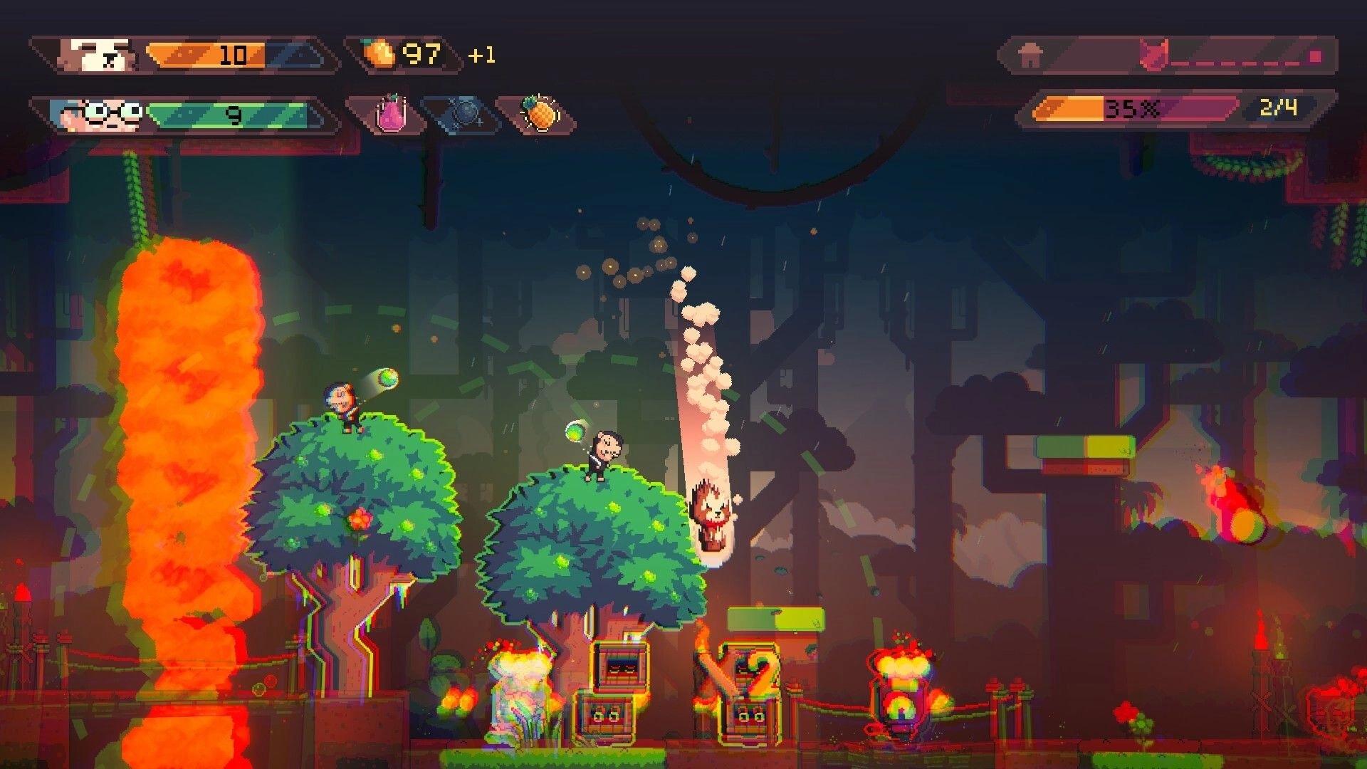 Teeko: Platforming fight with two masked enemies and fireballs in a rainy jungle with HUD meters.