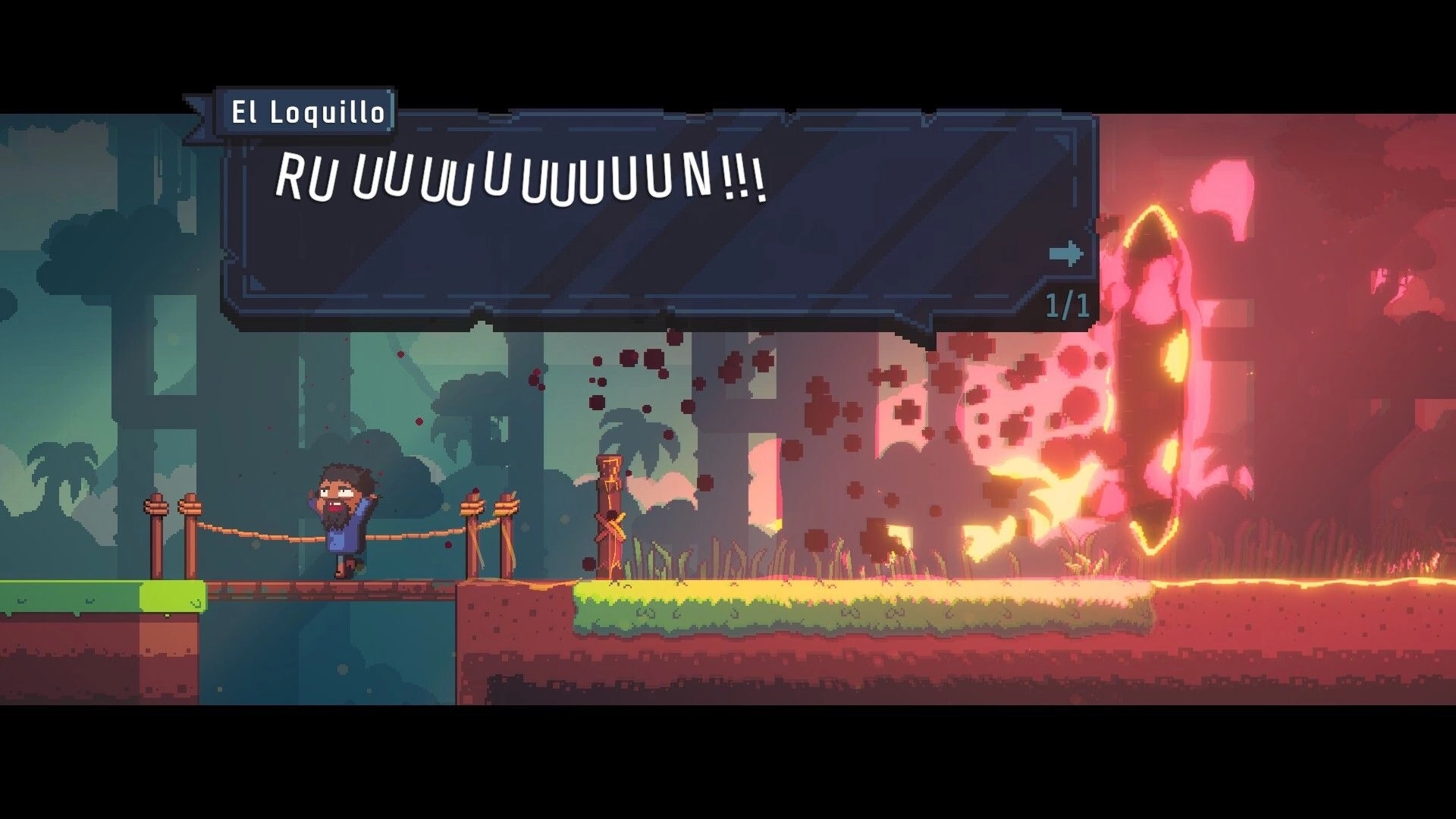 Teeko: Dialogue box for El Loquillo yelling as a fiery mask portal flares in a jungle stage.