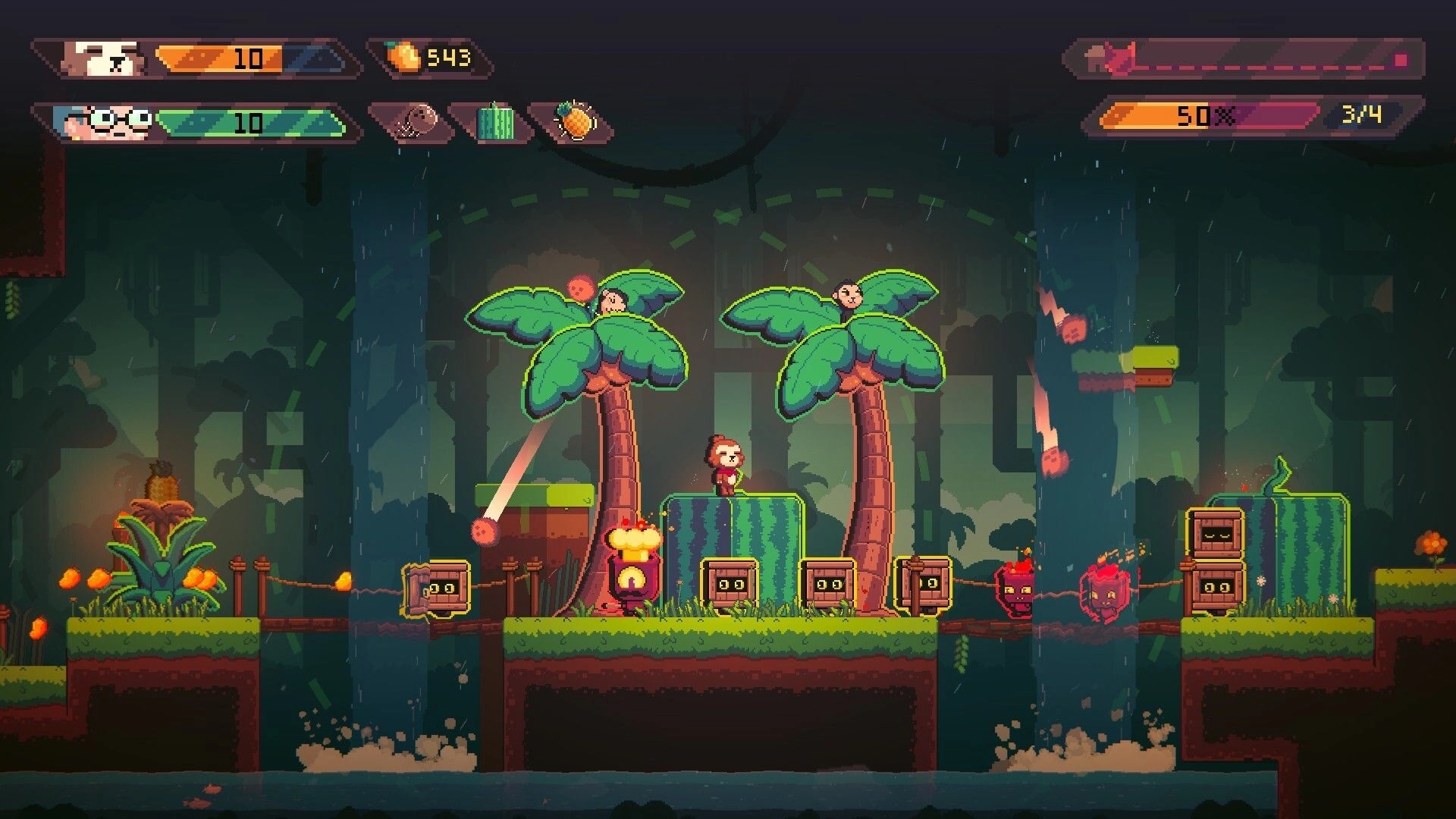 Teeko: Hero stands on melon platform as mask enemies advance in rainy jungle, HUD meters overhead.