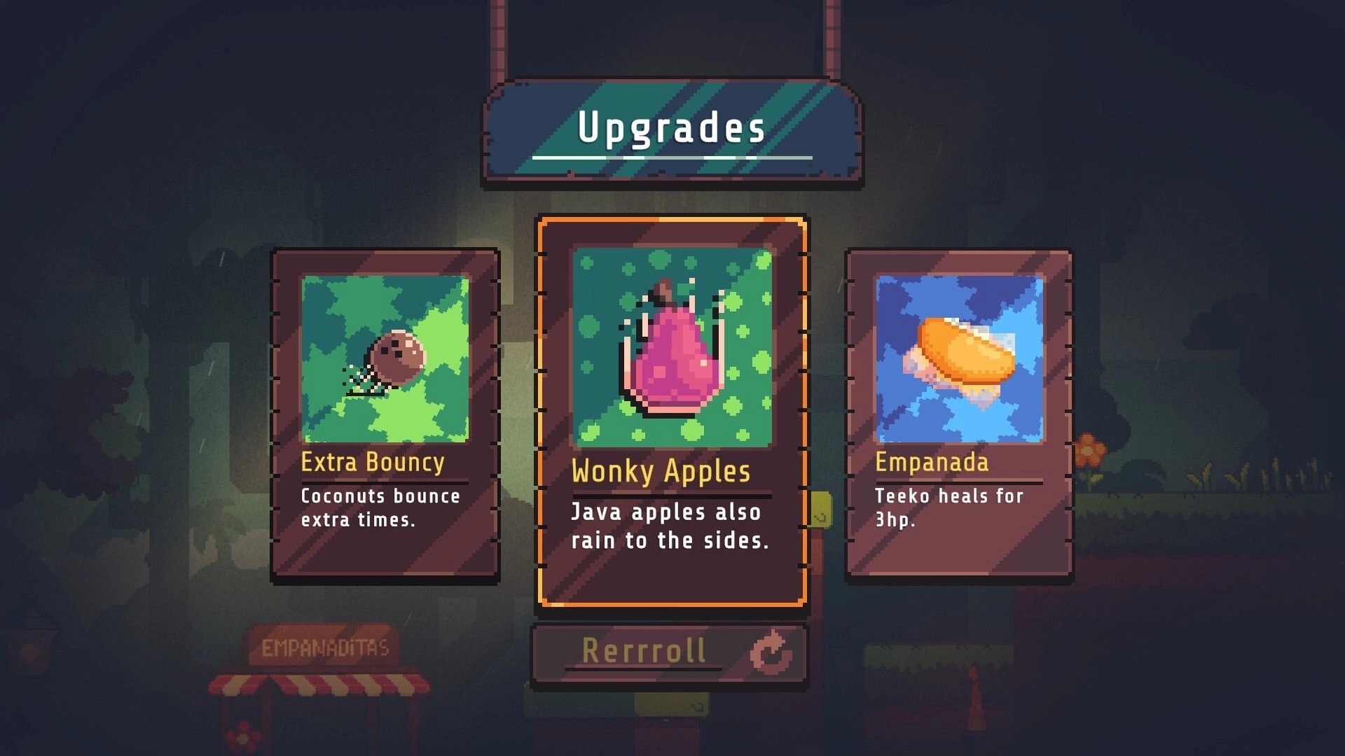 Teeko: Upgrades menu with Extra Bouncy, Wonky Apples, and Empanada cards over a dark forest scene.