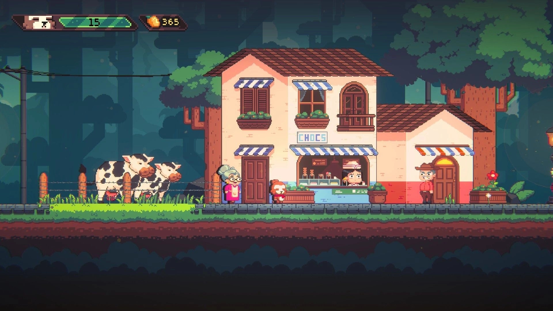 Teeko: Village street with choc shop NPCs and cows, health bar and coin counter in forest town.