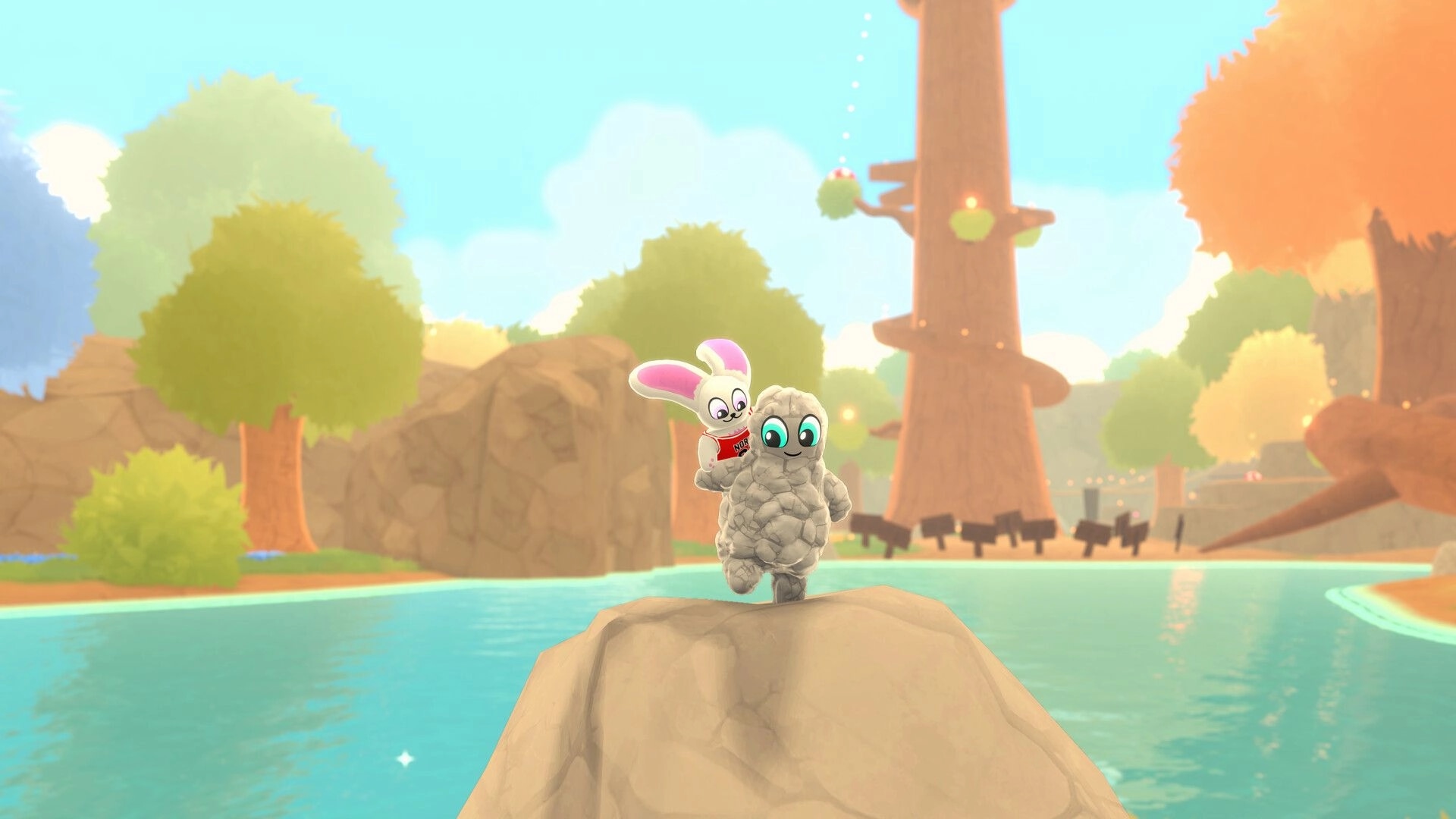 Teeto: Blob and bunny duo stand on a rock by a tree in a vibrant forest with a serene lake view