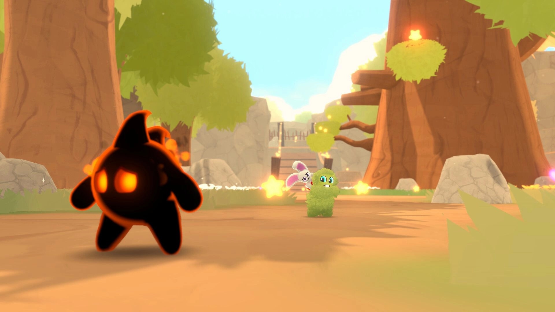 Teeto: Tiny blob and bunny duo face fiery enemy in a vibrant forest setting with towering trees.