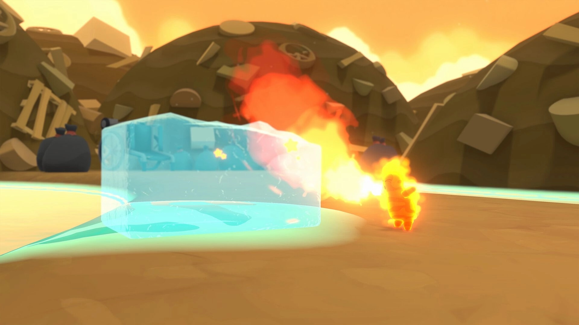 Teeto: Fire-imbued blob character melting a large ice block in a mountainous, debris-filled landscape