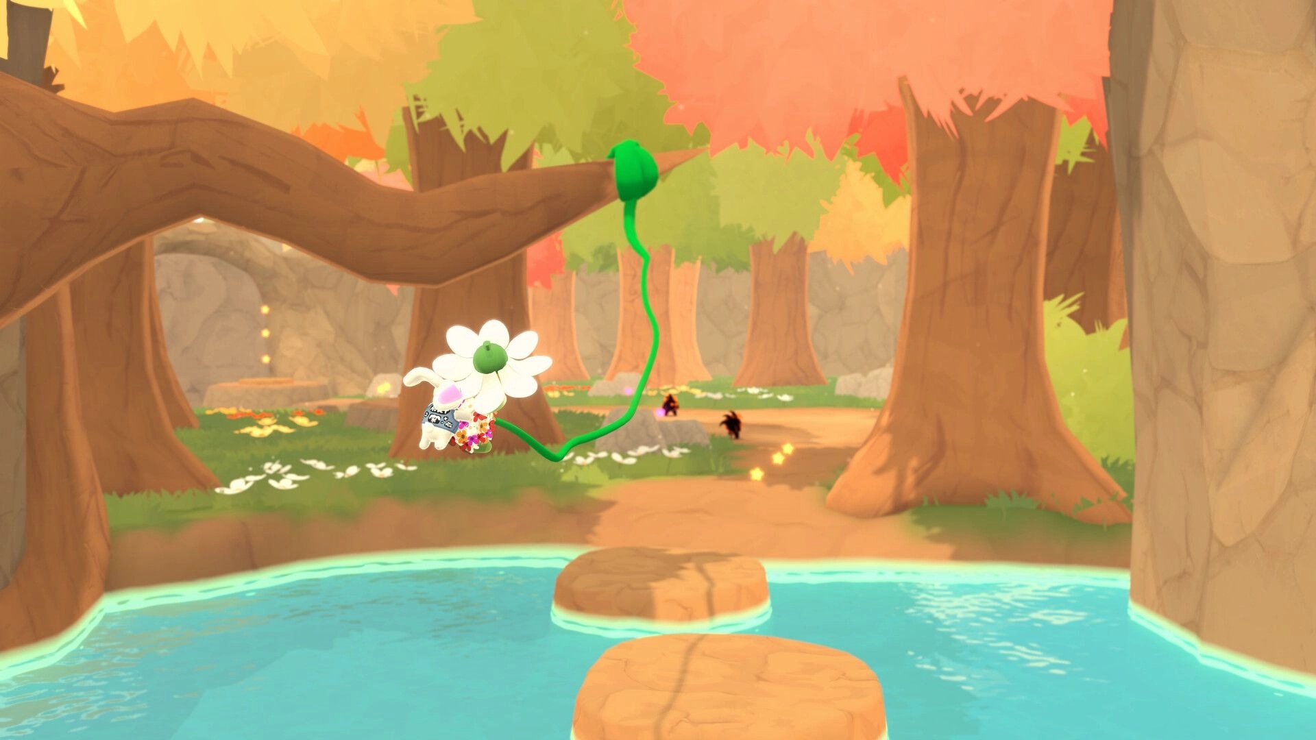 Teeto: Teeto and bunny duo swing on a vine over a serene forest pond with vibrant autumn foliage.