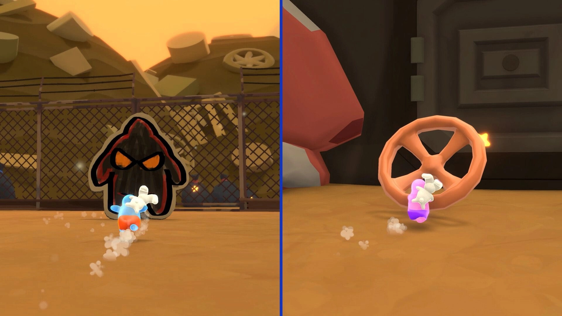 Teeto: Blob and bunny sprint towards evil face graffiti and interact with a giant wheel in junkyard setting