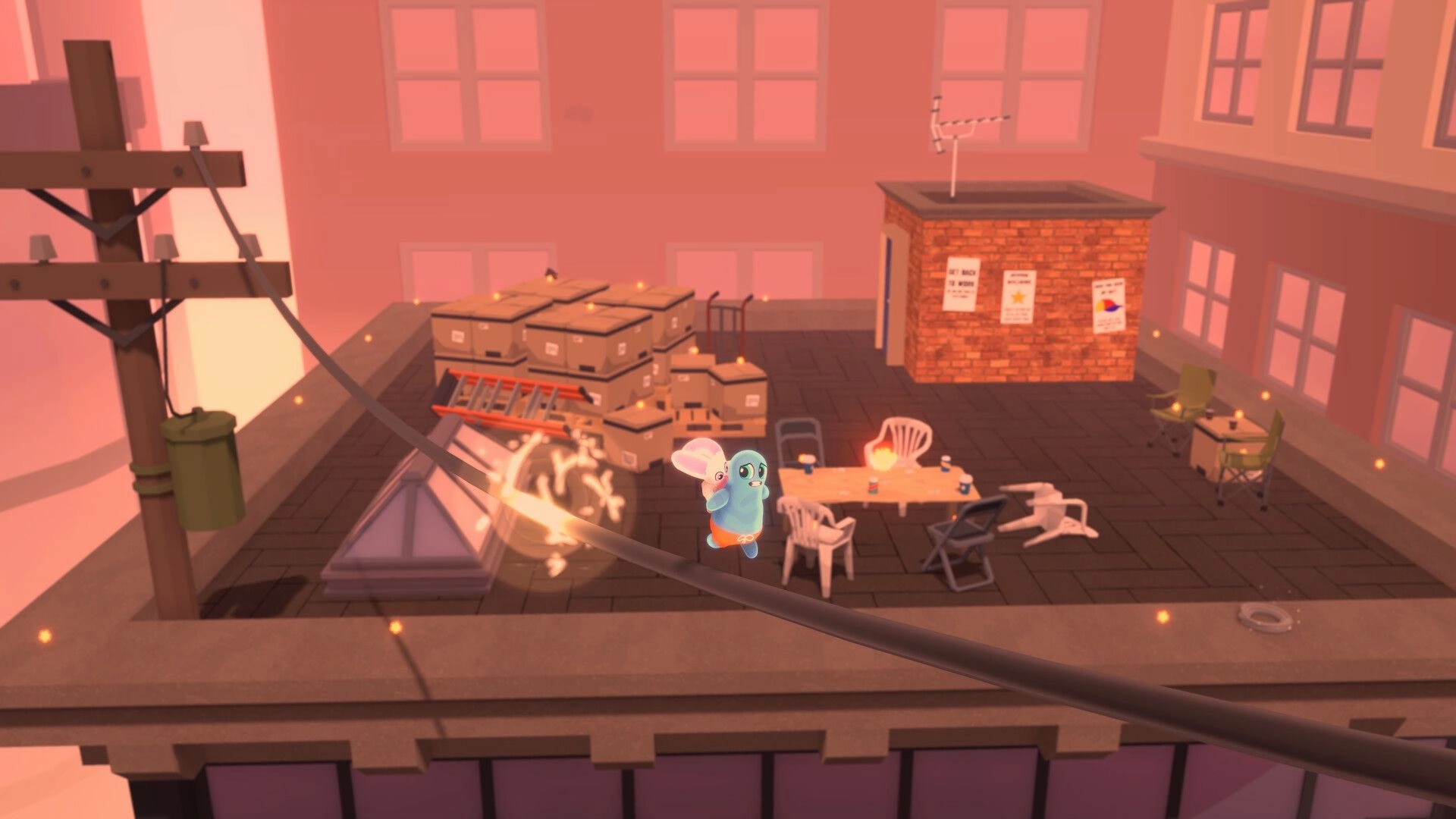 Teeto: Blob and bunny duo balancing on wire above rooftop filled with boxes and scattered chairs